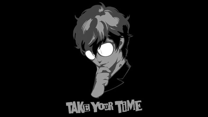 An animated gif showcasing Joker from Persona 5 spinning with stylized text saying "Take Your Time".